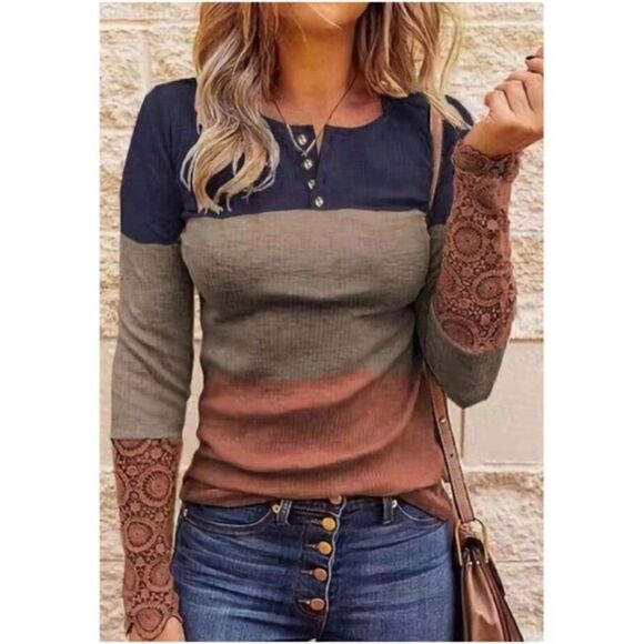 Navy Brown Ribbed Button Embroidered Sleeve Top - Picture 1 of 6